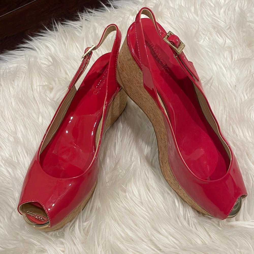 Jimmy Choo Patent-leather cork wedge slingback sandals